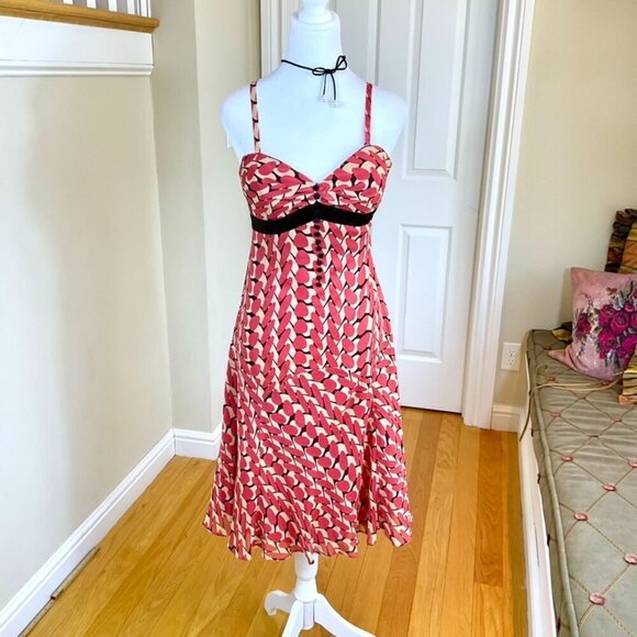 Ted Baker Dress Silk Midi Strappy Front Button Trim Red Pink Circles Tan (XXS/1) - Picture 1 of 8
